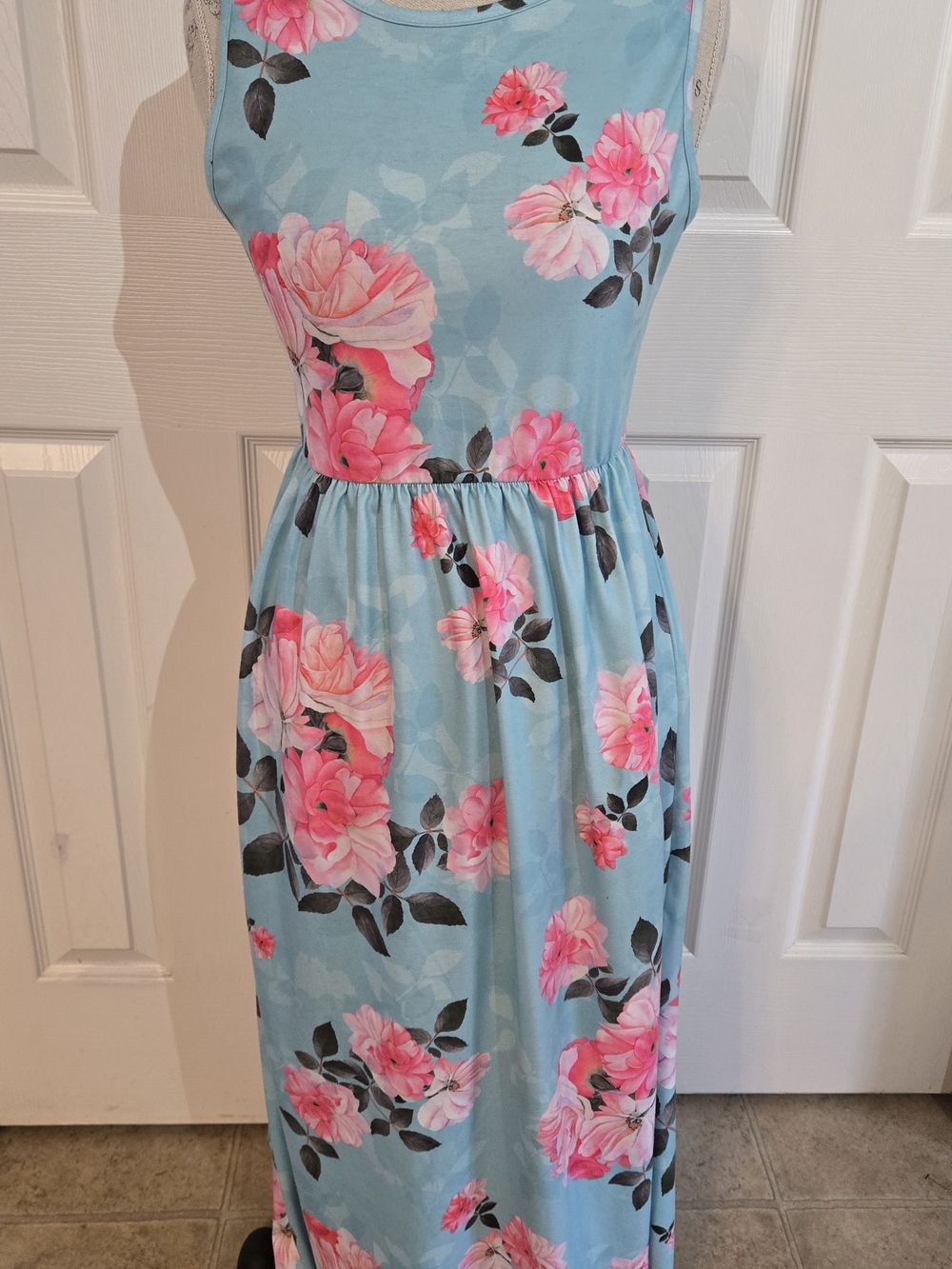 PatPat Light Blue Maxi Dress with Pink Floral Print